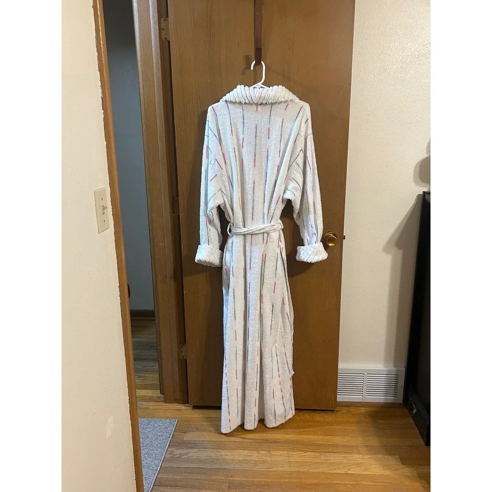 VTG Adonna Terry Cloth Robe L XL Oversized Long Pastel Stripe Bathrobe‎ 80s 90s